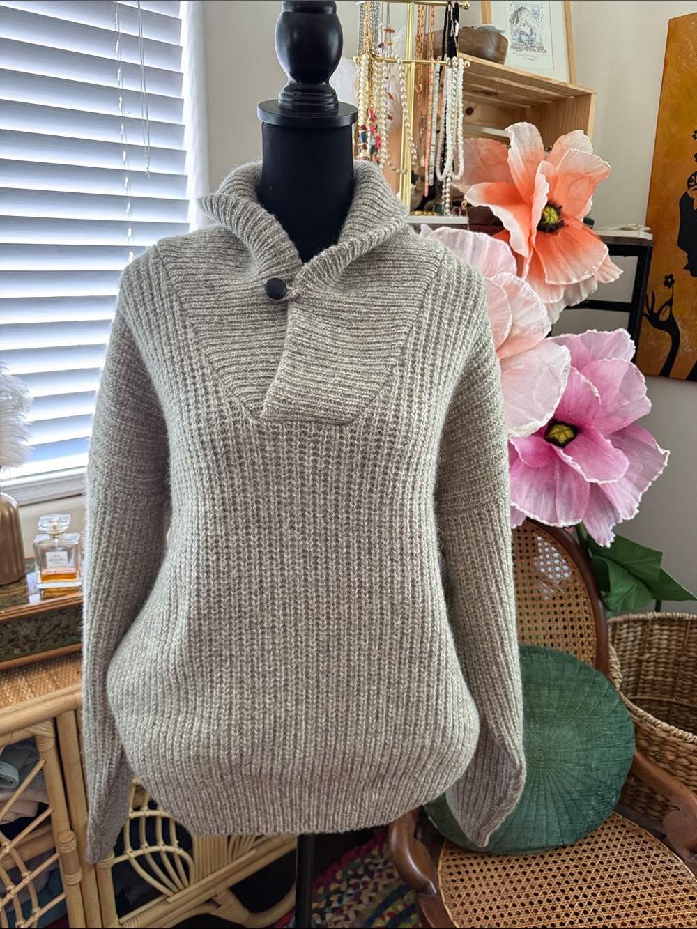 Vintage 90s Eddie Bauer Gray Wool Shawl Collar Pullover Fisherman Sweater